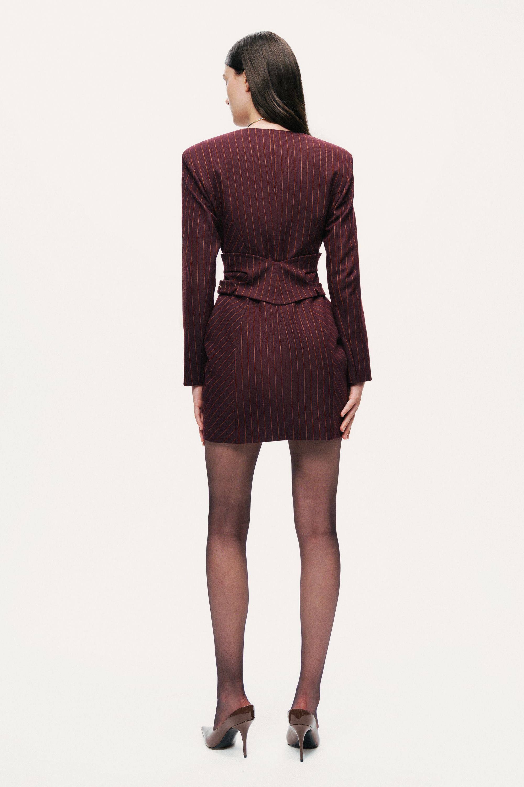 Tailored Pinstripe Wrap-Waist Mini Dress