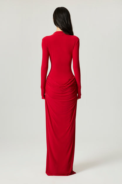 Red High-Neck Ruched Maxi Dress