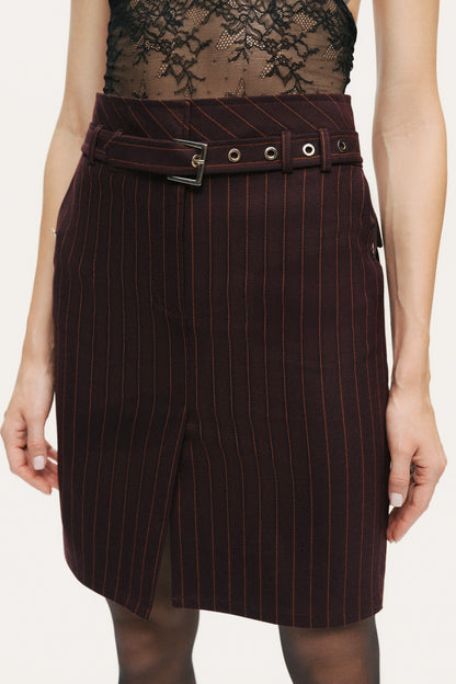 Pinstripe Belted Pencil Skirt