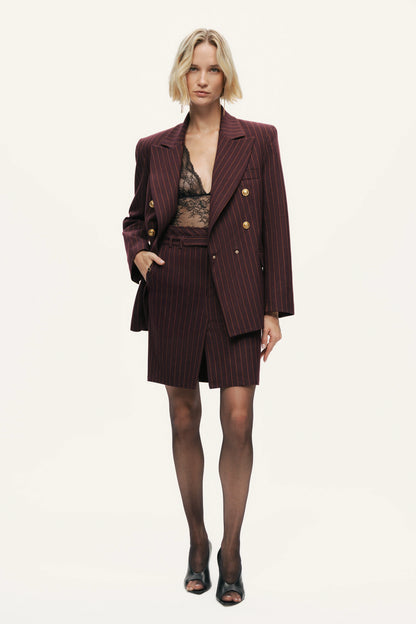 Pinstripe Belted Pencil Skirt