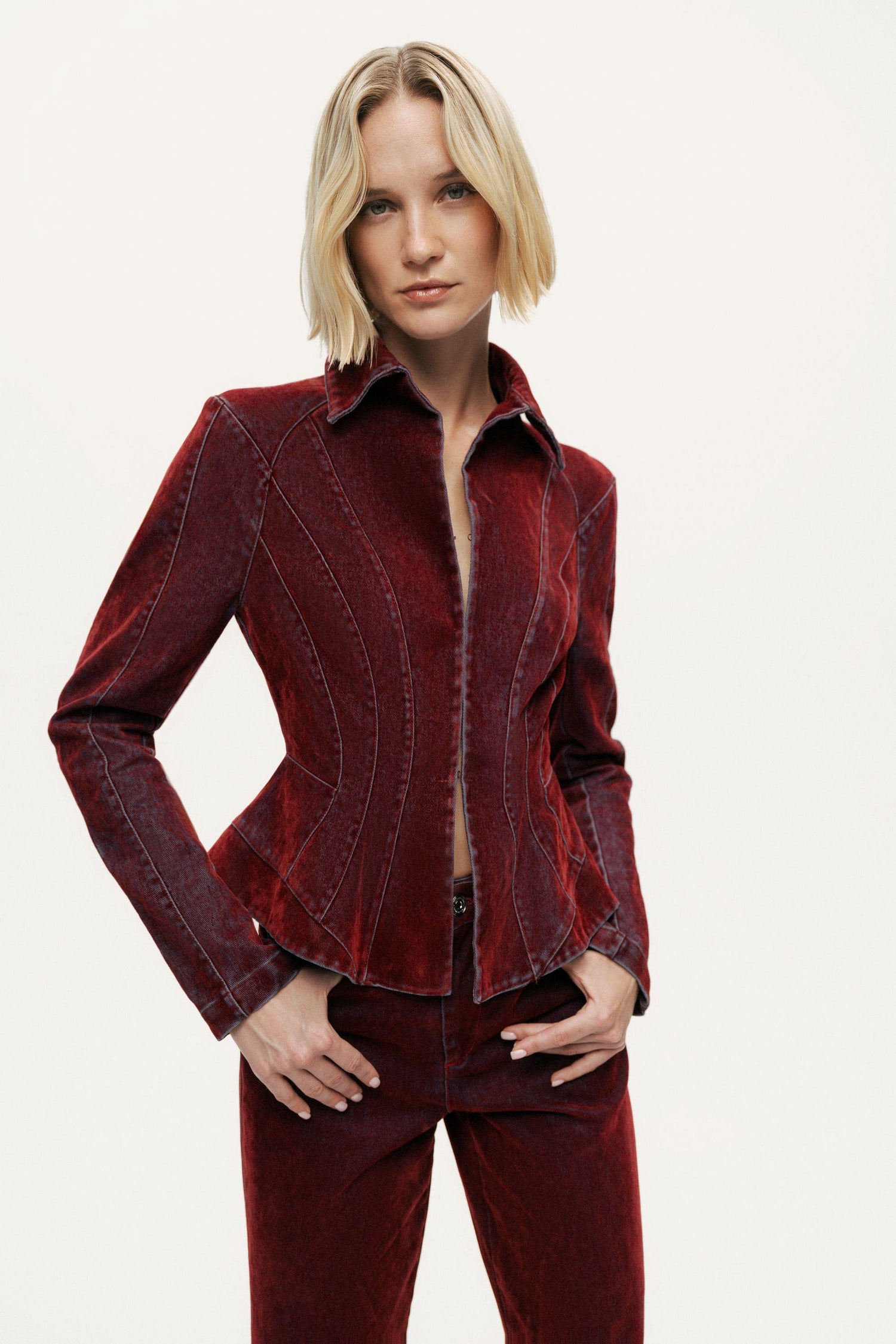 Velvet Corset-Seamed Peplum Jacket