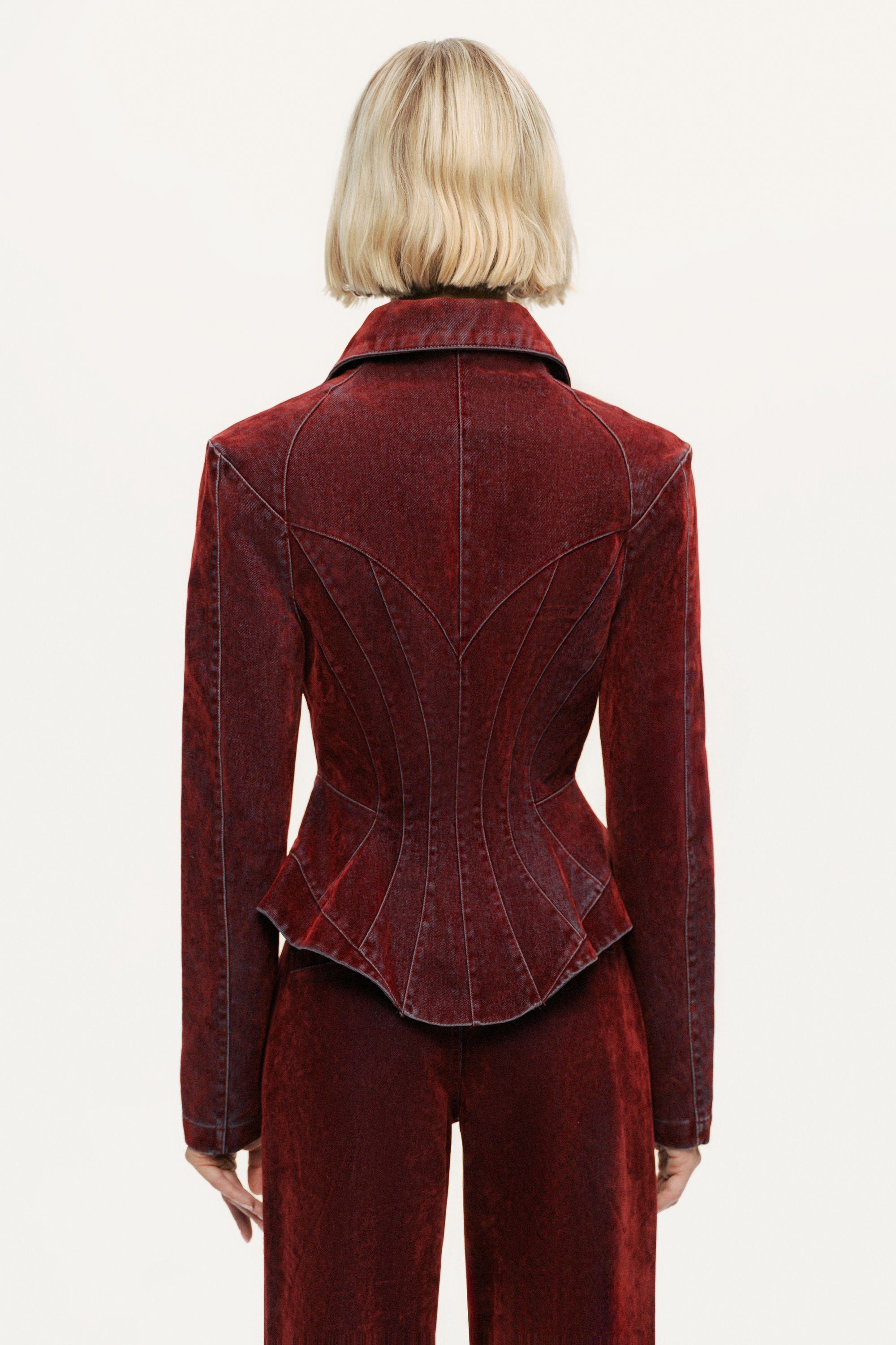 Velvet Corset-Seamed Peplum Jacket