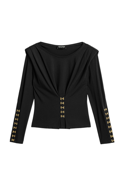 Hook-Detail Pleated Knit Blouse