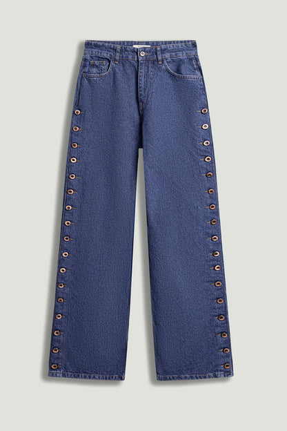 Eyelet Detail Wide-Leg Denim Pants