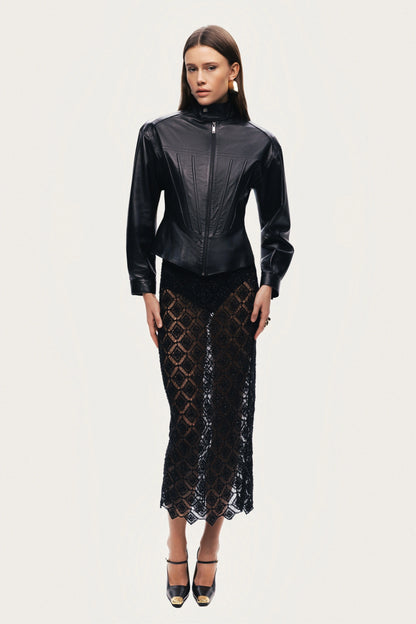 Zip-Front Fitted Leather Jacket
