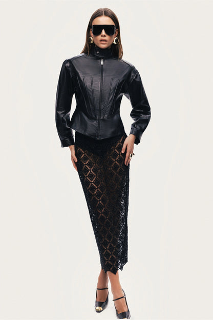 Zip-Front Fitted Leather Jacket