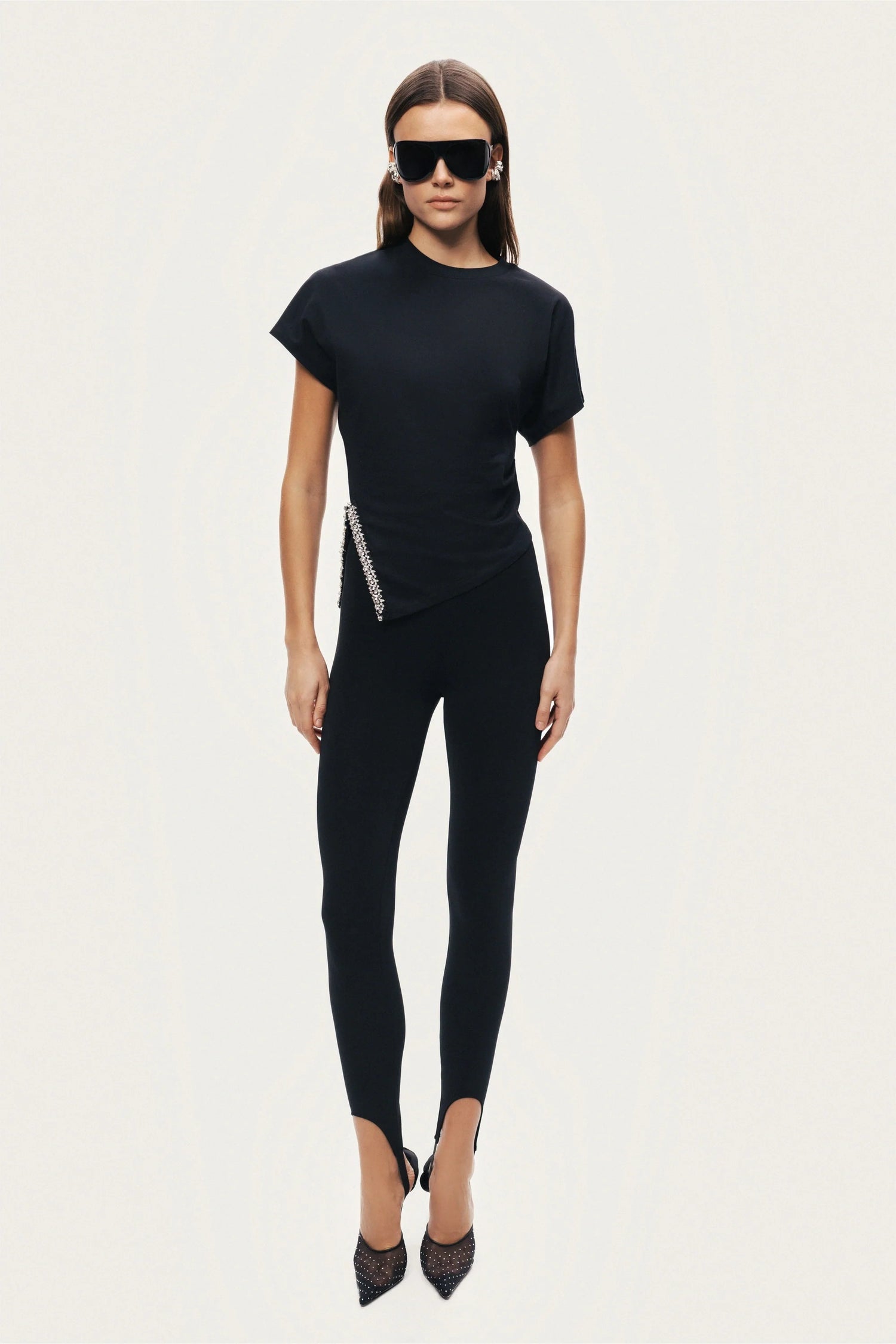 Black Embellished Asymmetric T-Shirt