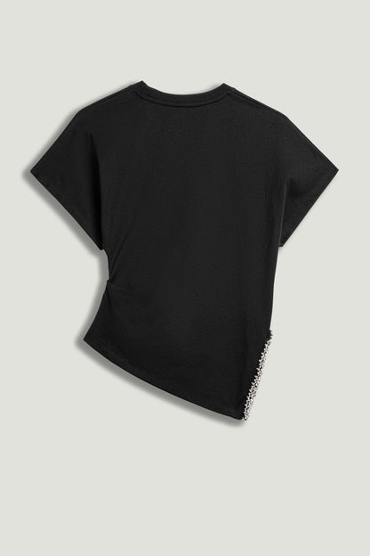 Black Embellished Asymmetric T-Shirt