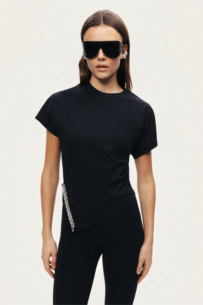 Black Embellished Asymmetric T-Shirt