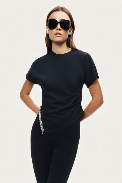Black Embellished Asymmetric T-Shirt