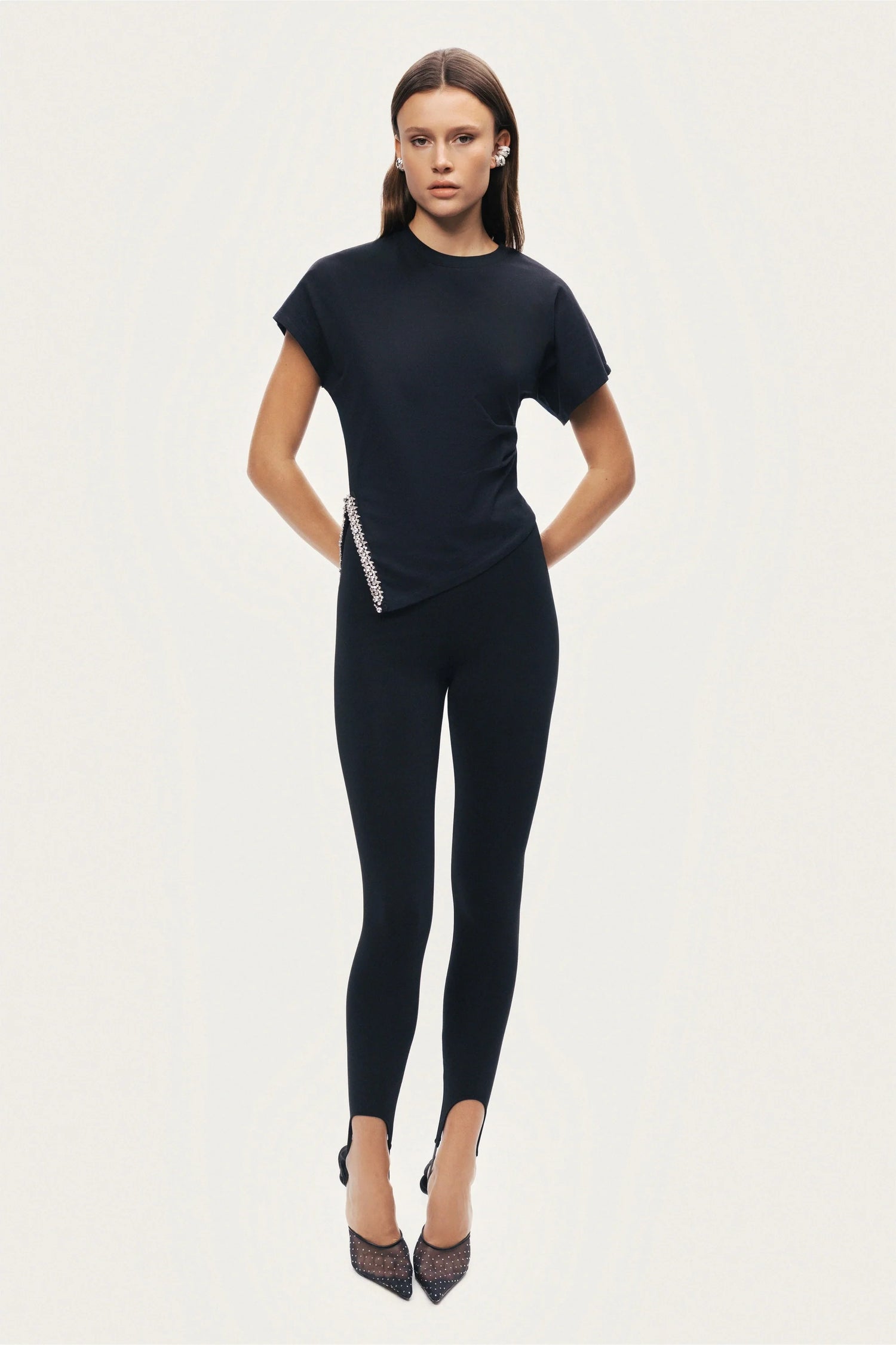 Black Embellished Asymmetric T-Shirt