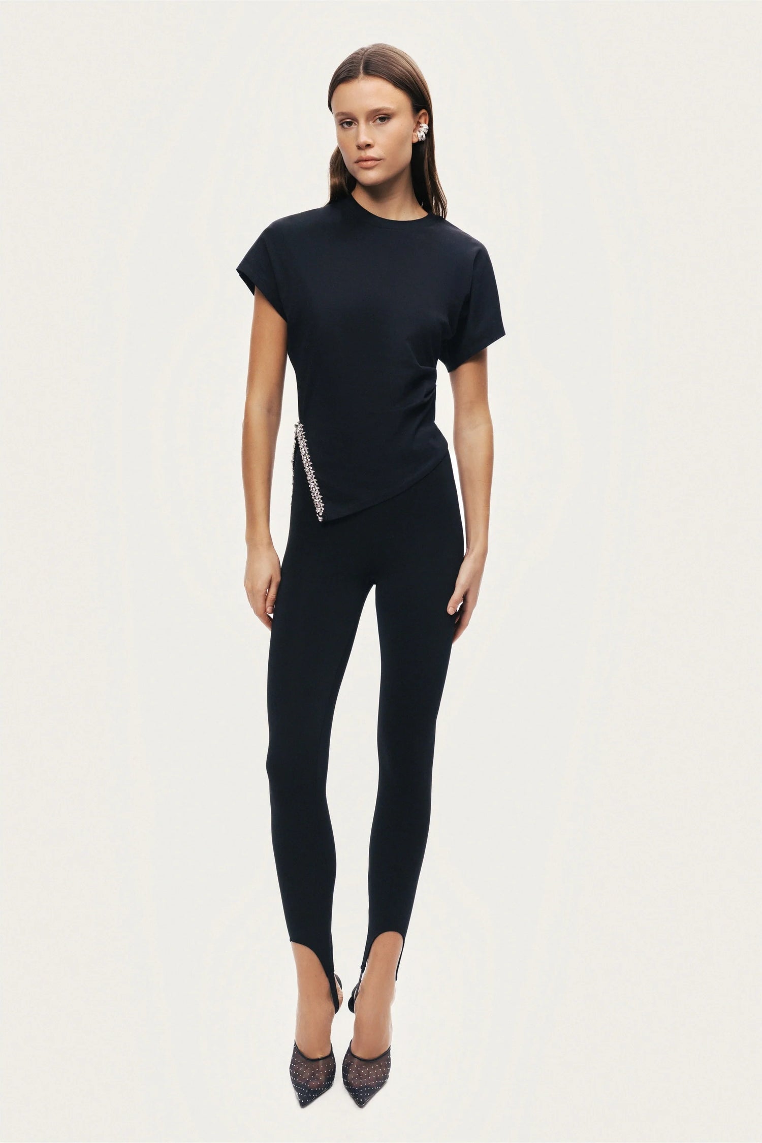 Black Embellished Asymmetric T-Shirt