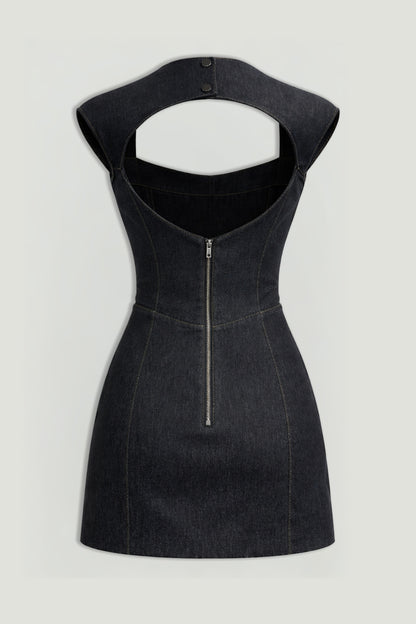 Backless Mini Denim Dress with Built-In Cup Detail