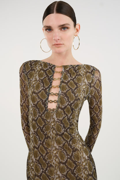 Snake Print Ring Detail Long Sleeve Maxi Dress