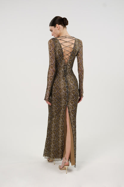 Snake Print Ring Detail Long Sleeve Maxi Dress