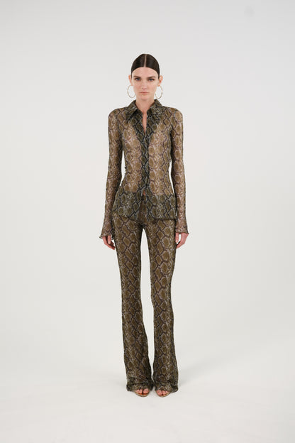 Snake Print Low-Rise Flare Trousers