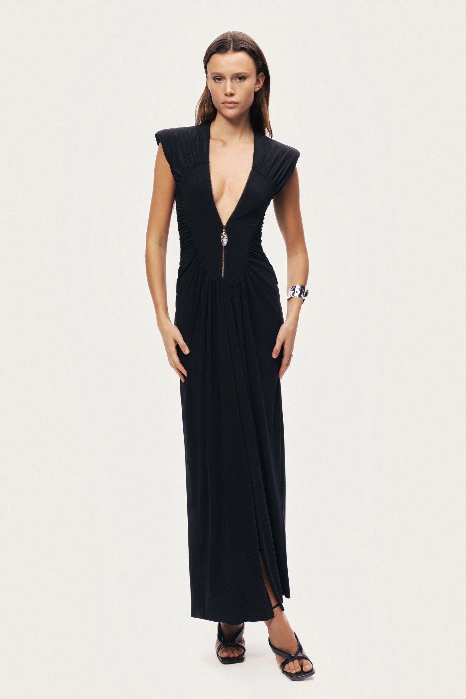 Ruched Deep V-Neck Maxi Dress