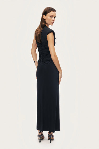 Ruched Deep V-Neck Maxi Dress