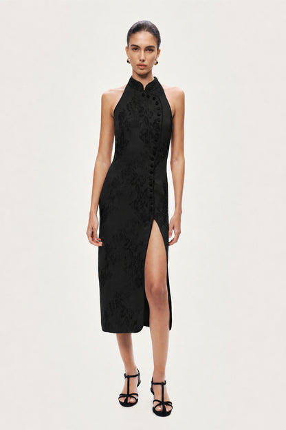 Jacquard Halterneck Midi Dress with Button Detail