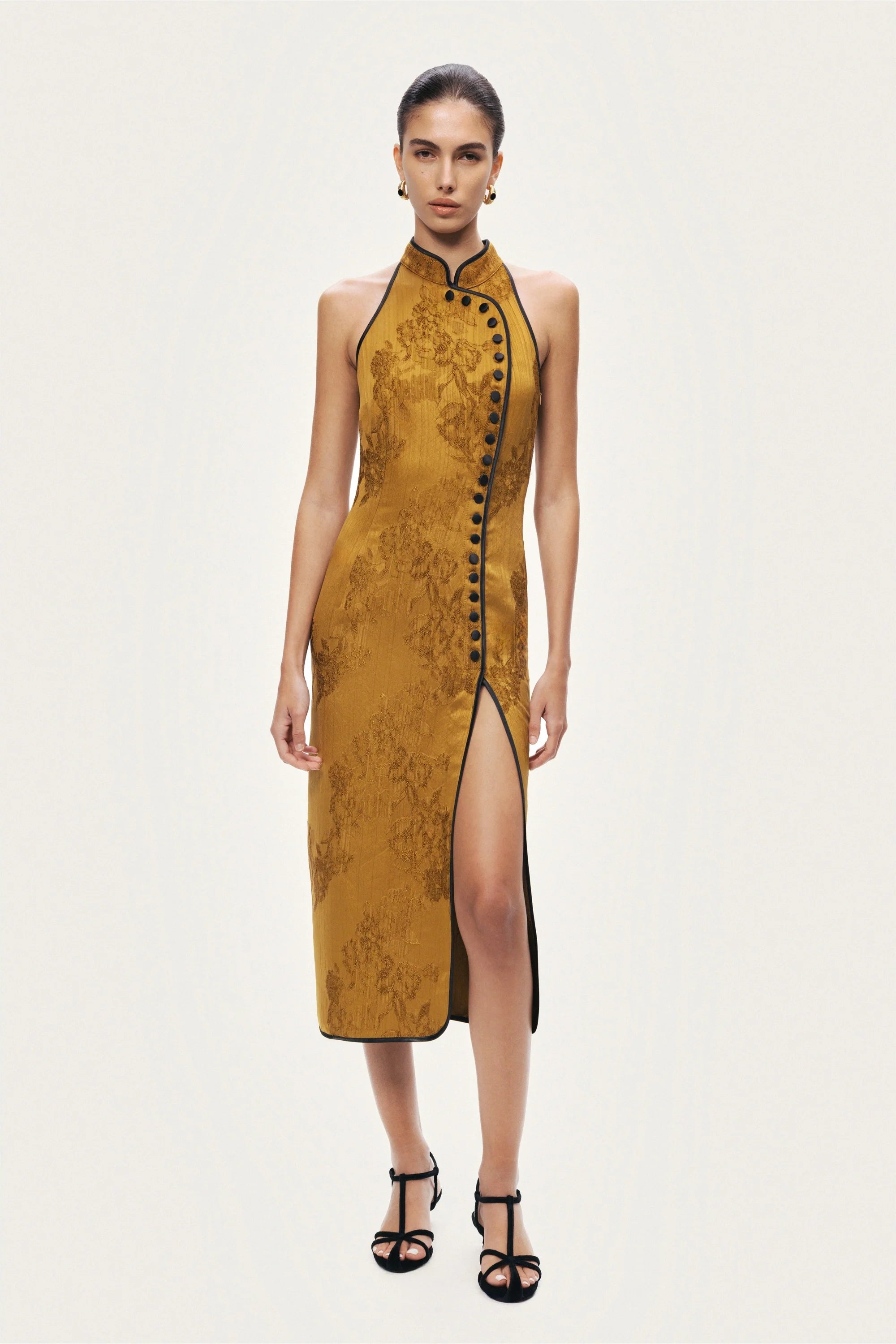 High-Neck Button-Detail Midi Dress