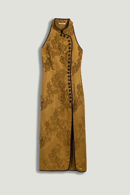 High-Neck Button-Detail Midi Dress