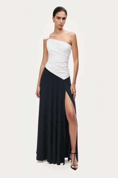 One-Shoulder Contrast Maxi Dress