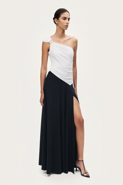One-Shoulder Contrast Maxi Dress