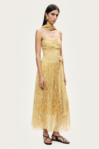 Printed Strapless Midi Dress