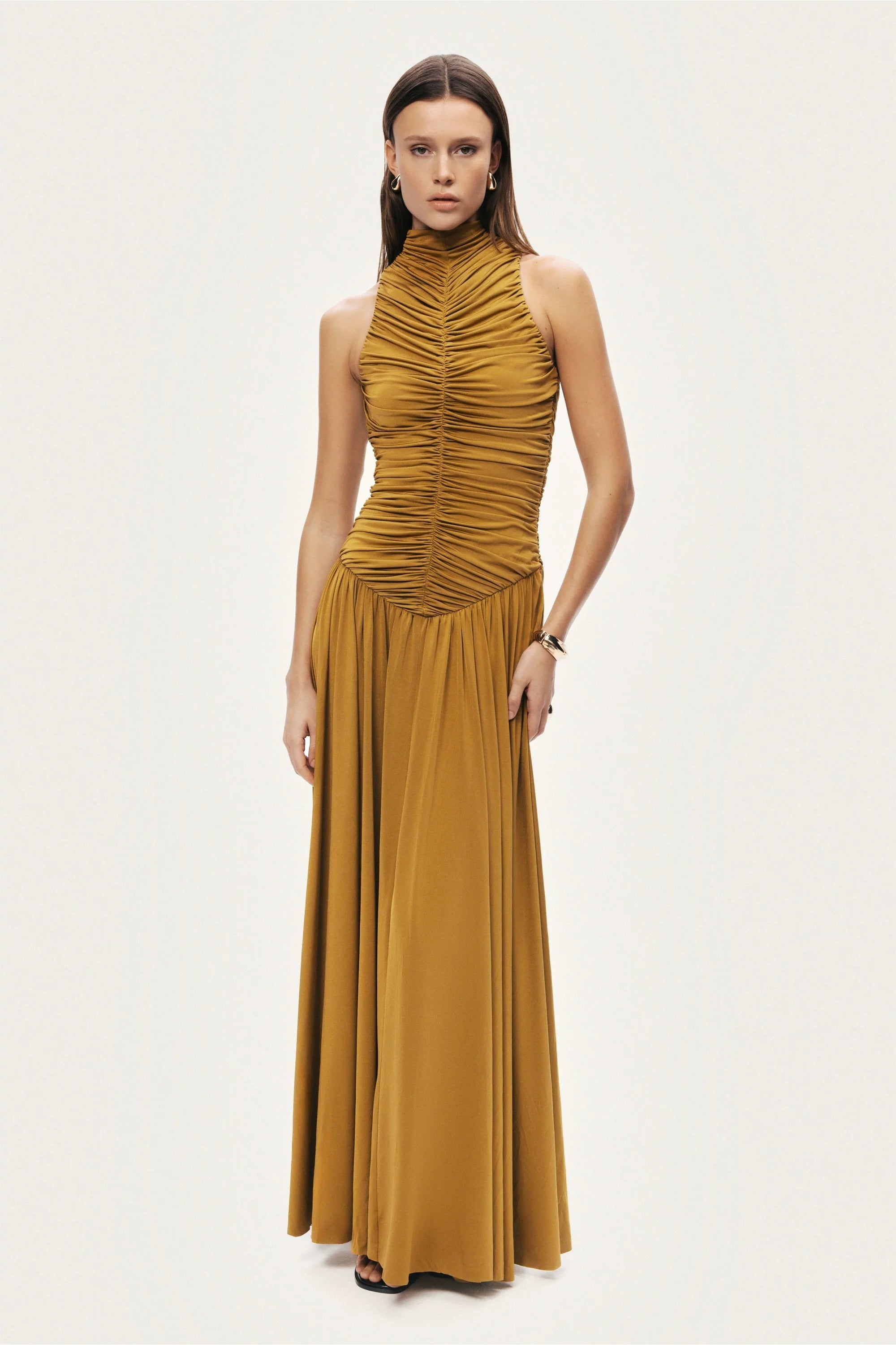 Ruched High-Neck Maxi Dress