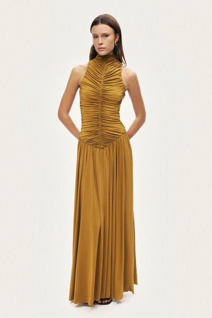 Ruched High-Neck Maxi Dress