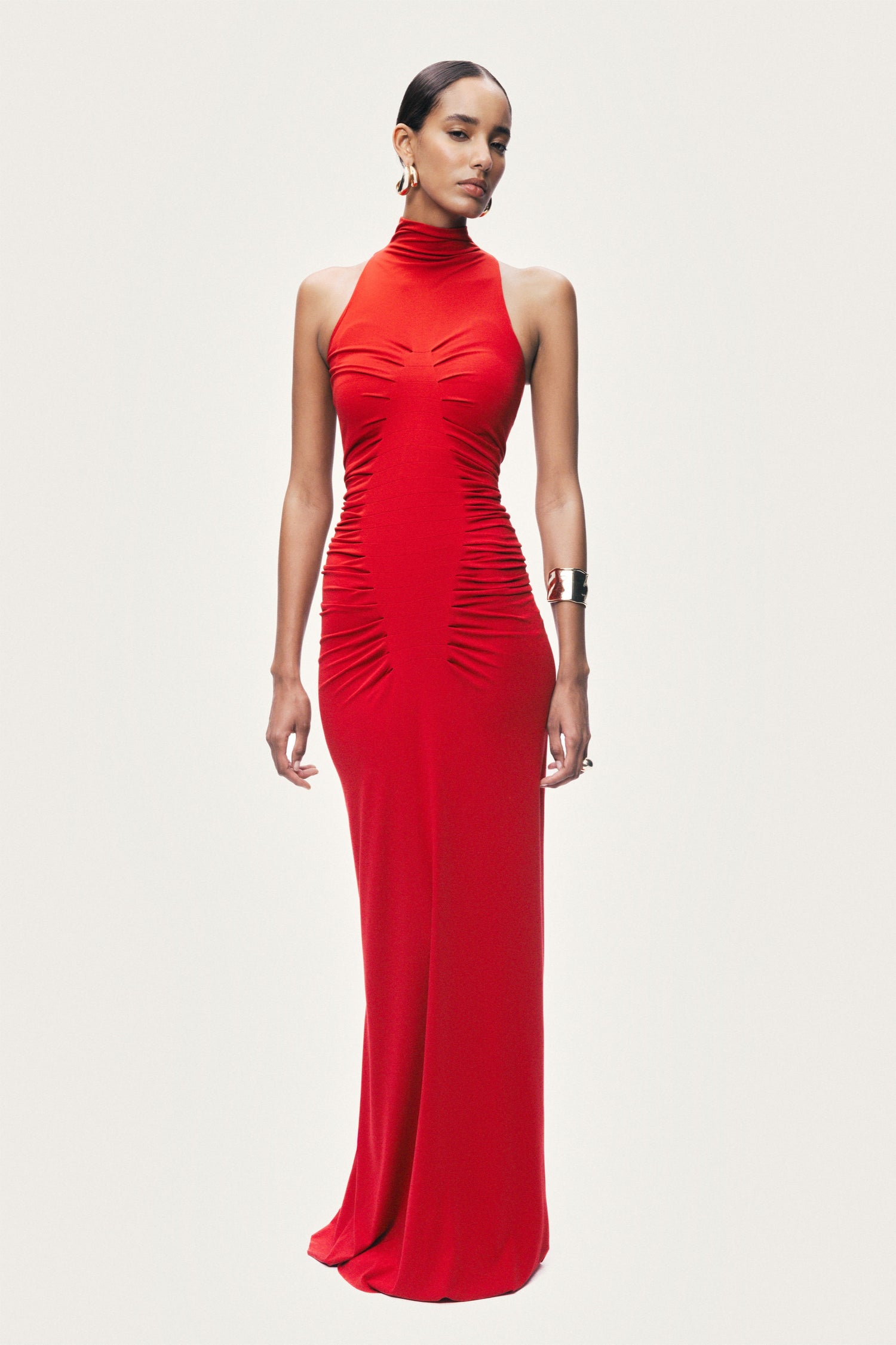 Red Ruched High-Neck Maxi Dress