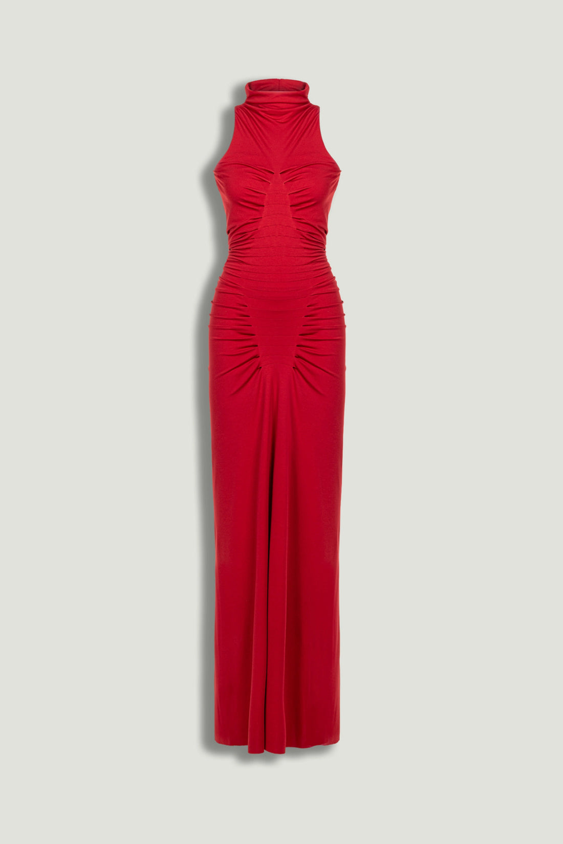 Red Ruched High-Neck Maxi Dress