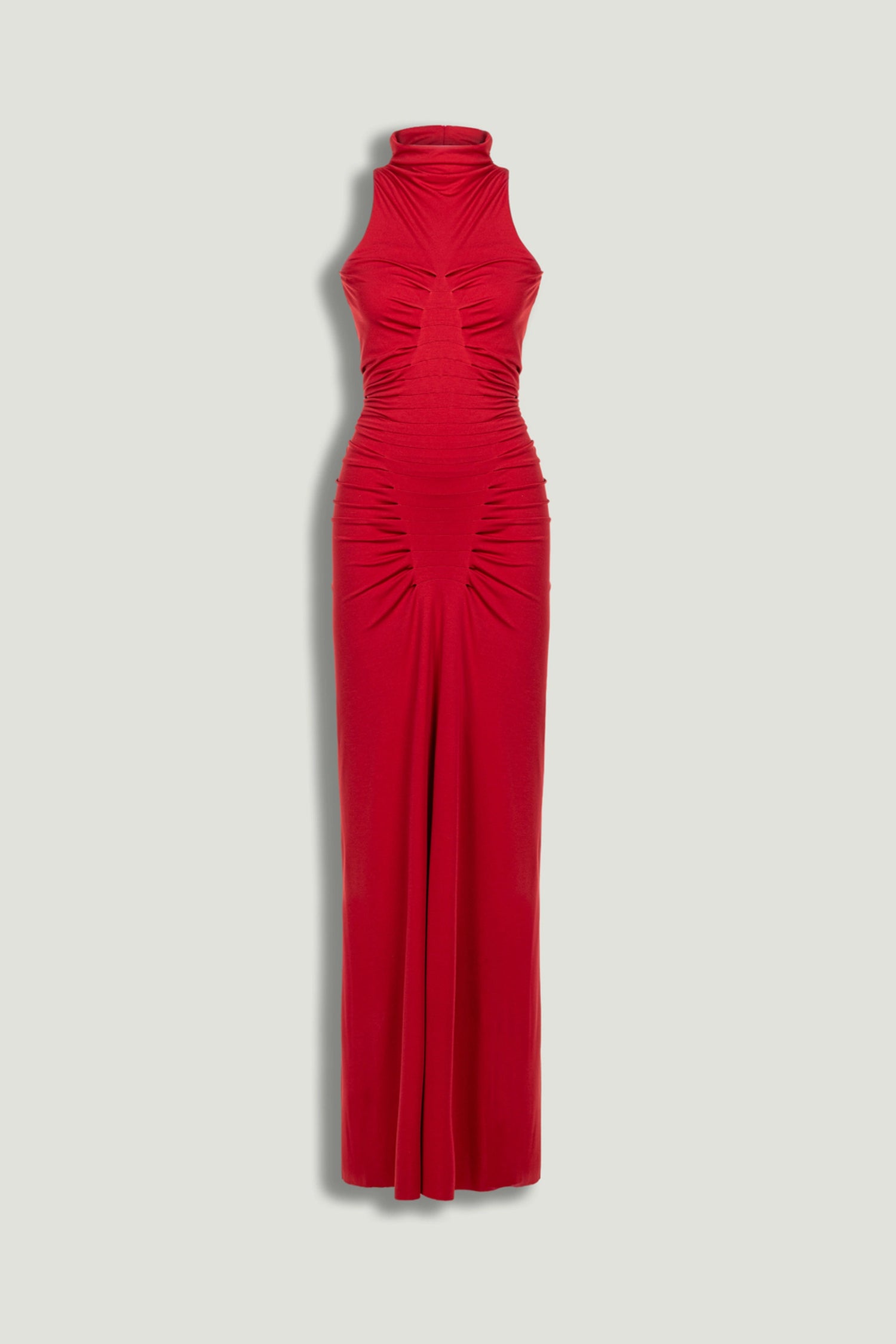 Red Ruched High-Neck Maxi Dress