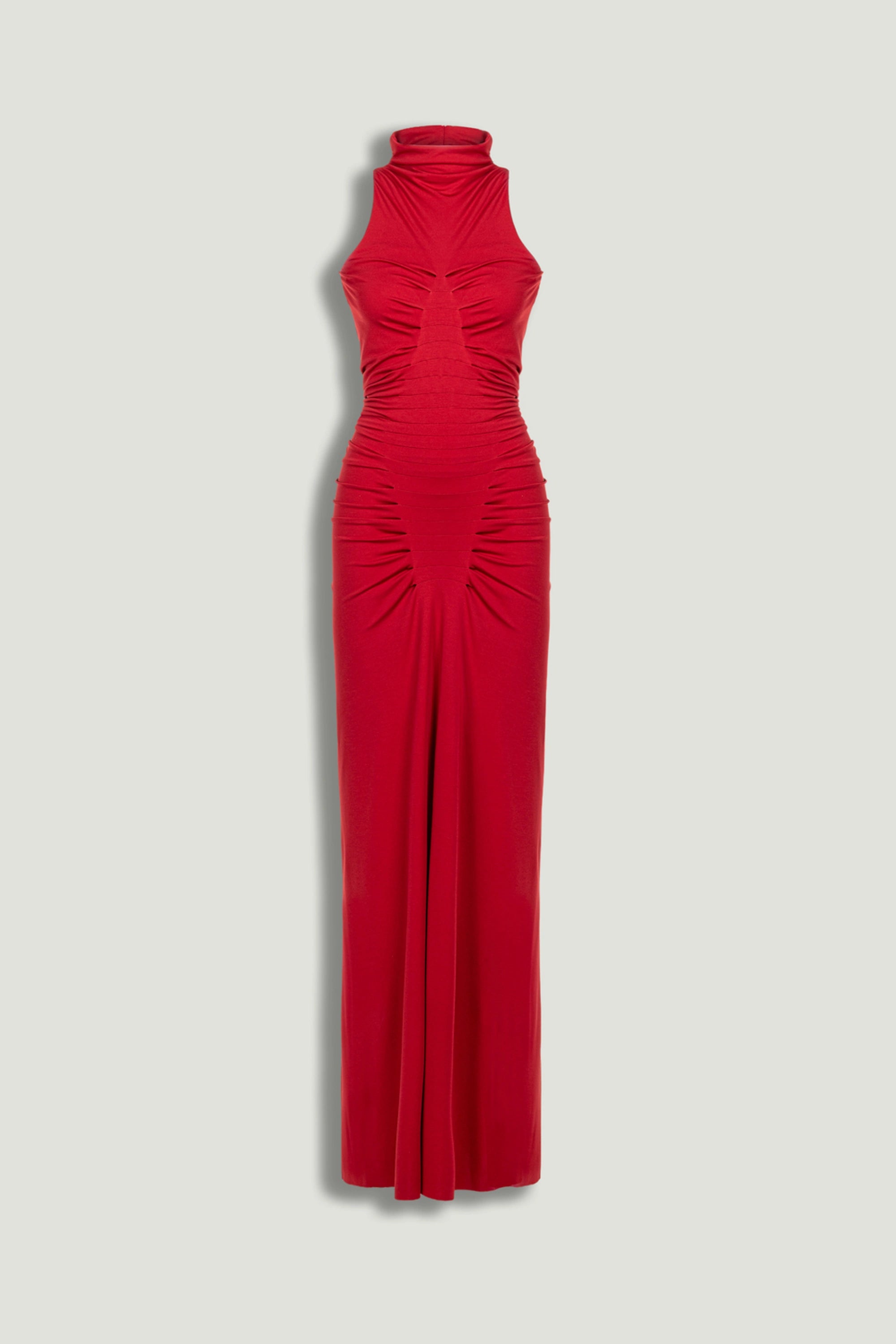 Red Ruched High-Neck Maxi Dress