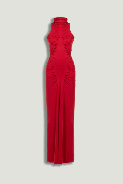 Red Ruched High-Neck Maxi Dress
