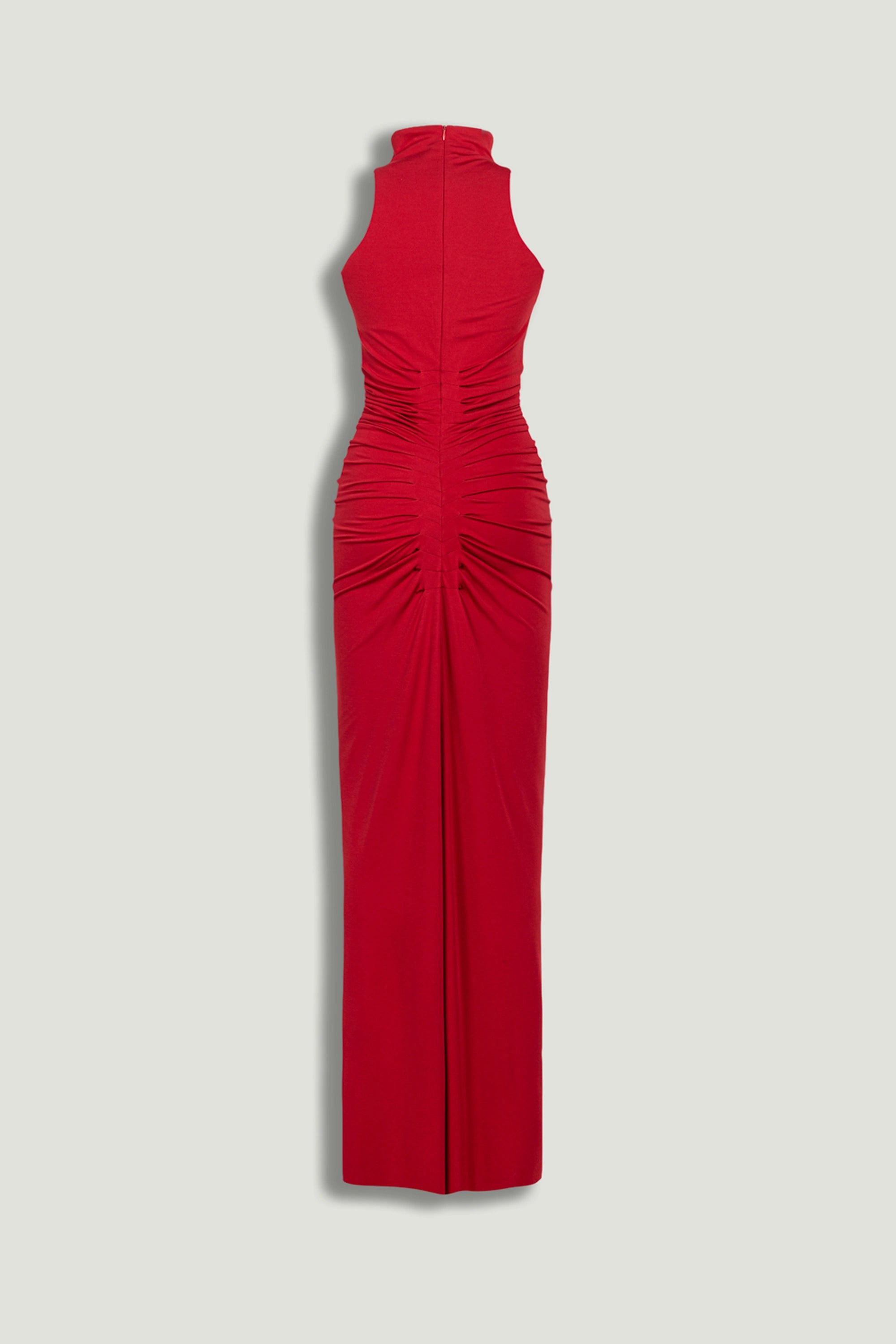 Red Ruched High-Neck Maxi Dress