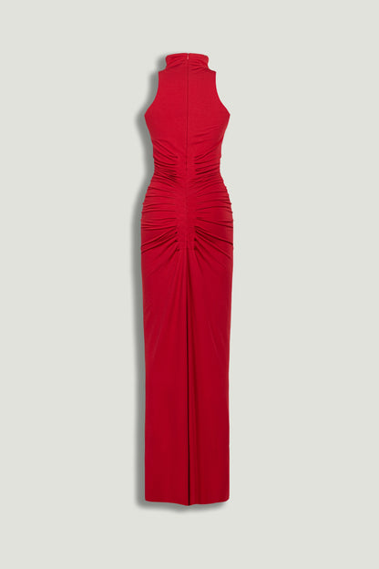 Red Ruched High-Neck Maxi Dress