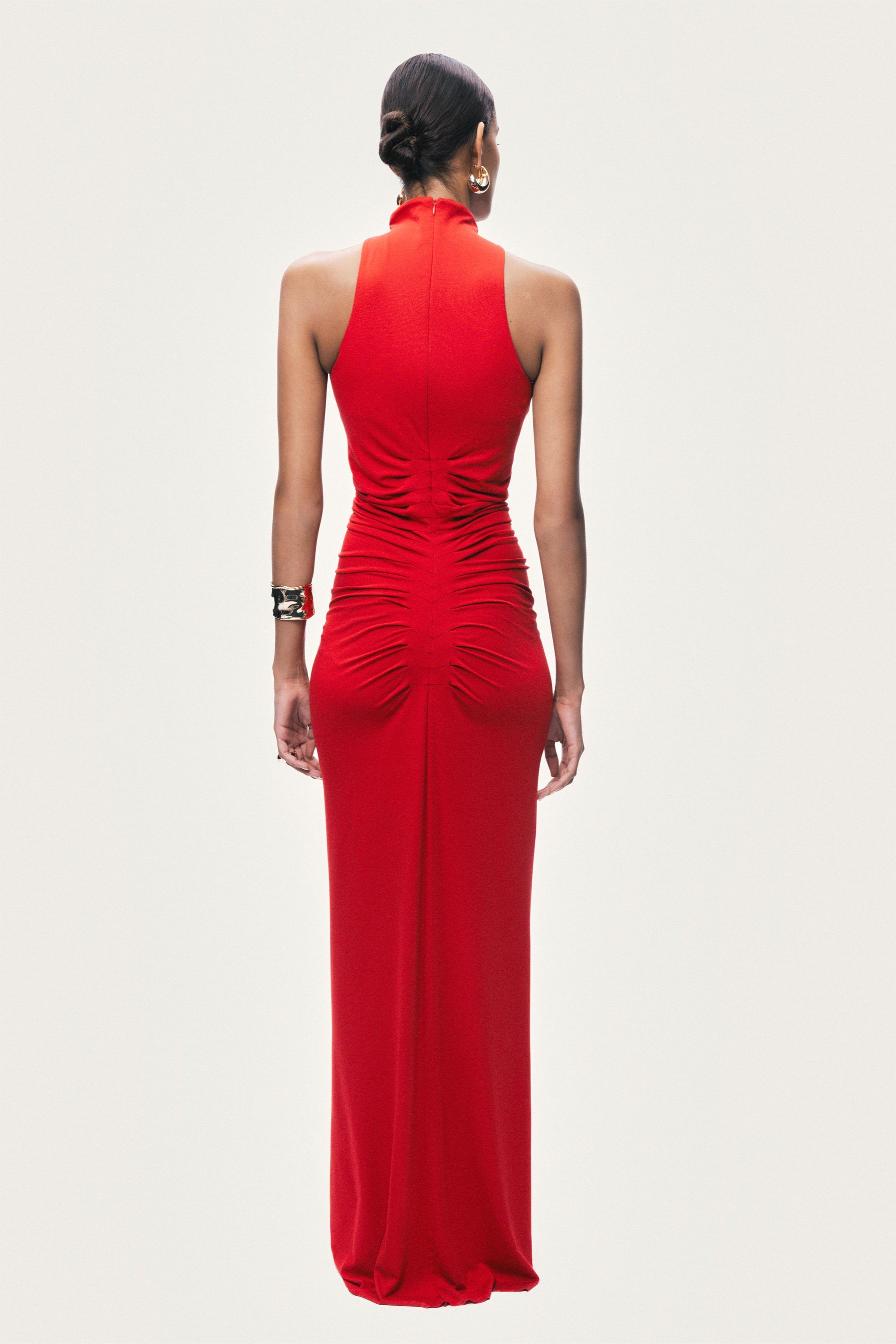 Red Ruched High-Neck Maxi Dress
