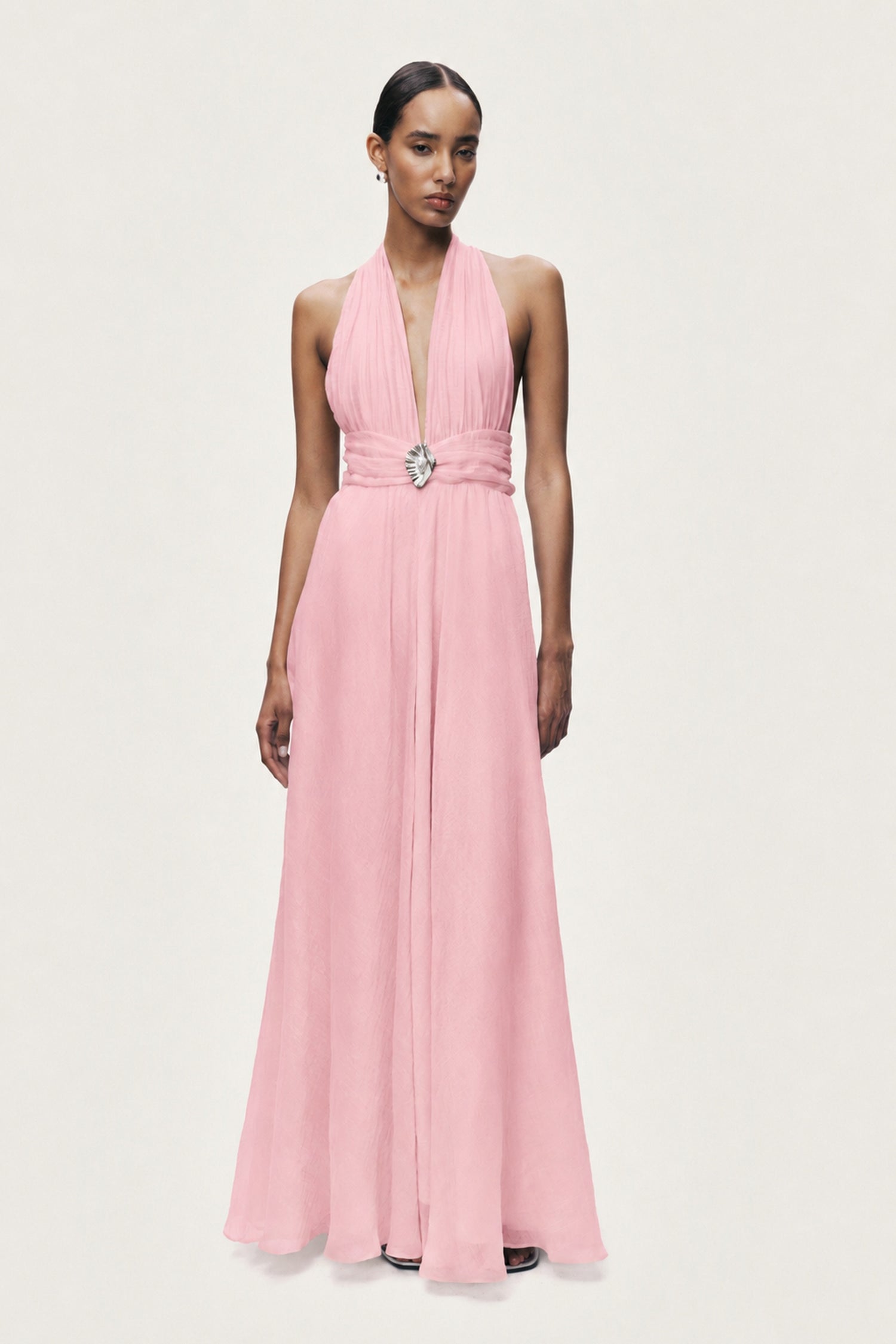 Pleated Halterneck Maxi Dress with Brooch Detail