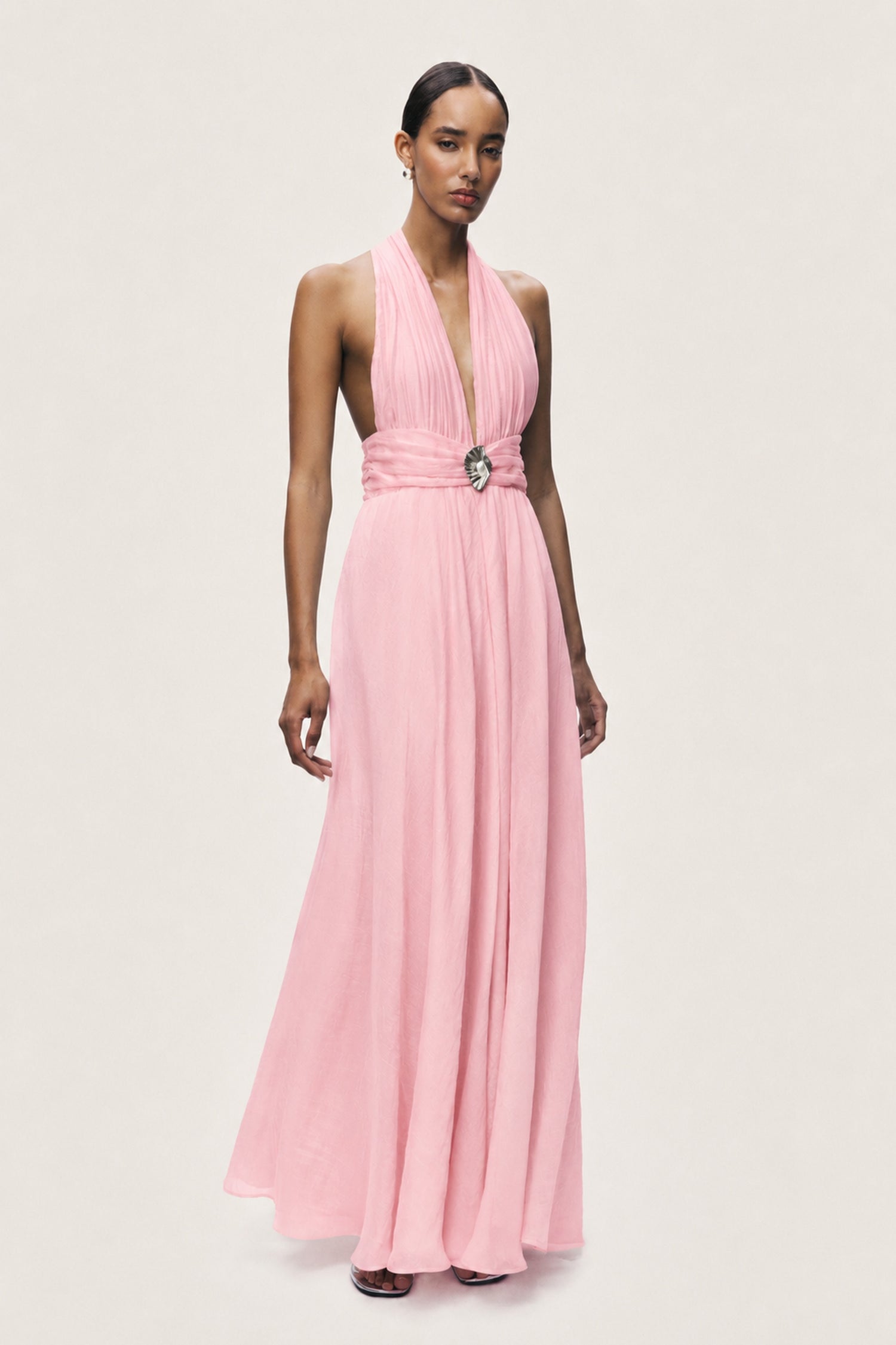 Pleated Halterneck Maxi Dress with Brooch Detail