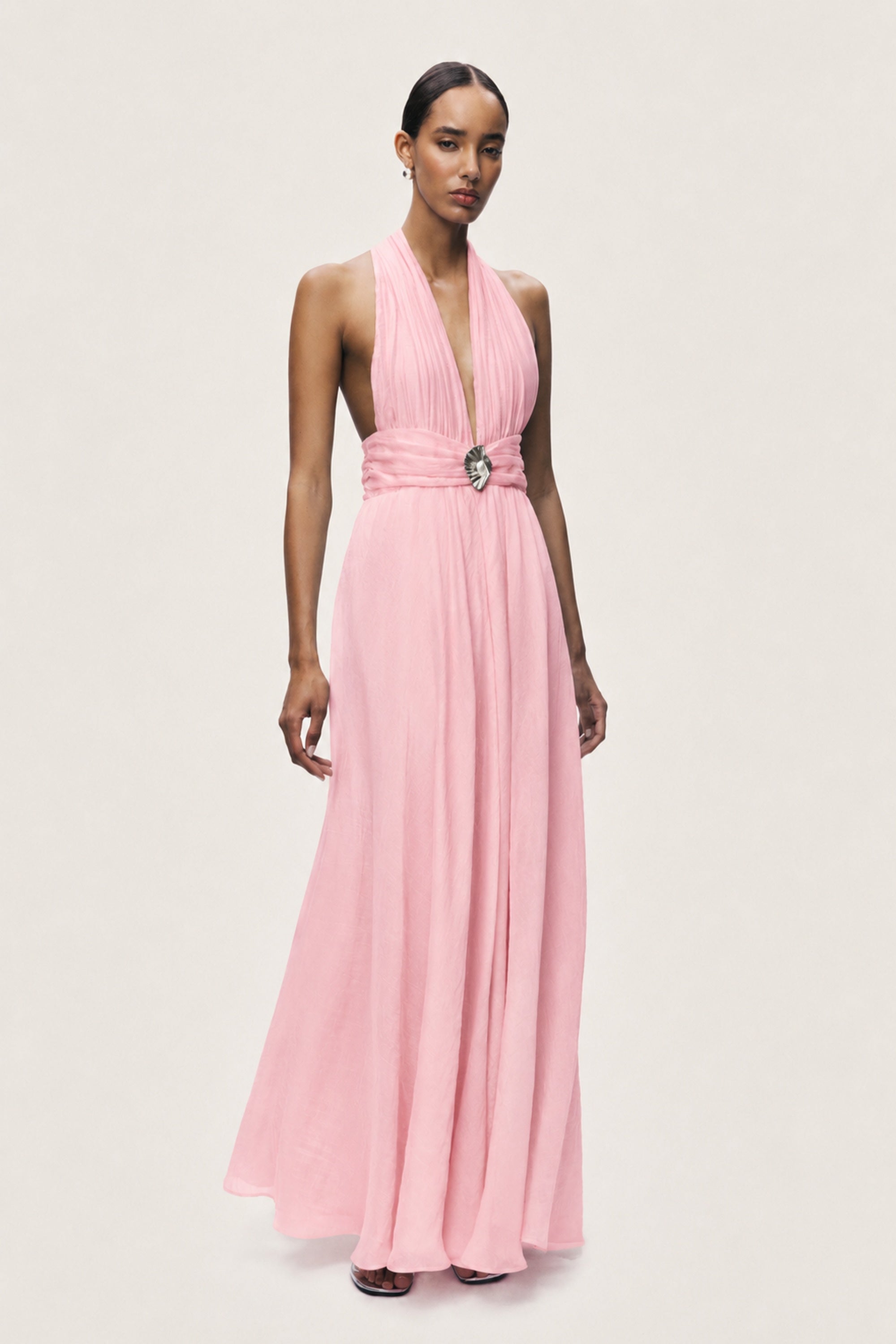 Pleated Halterneck Maxi Dress with Brooch Detail