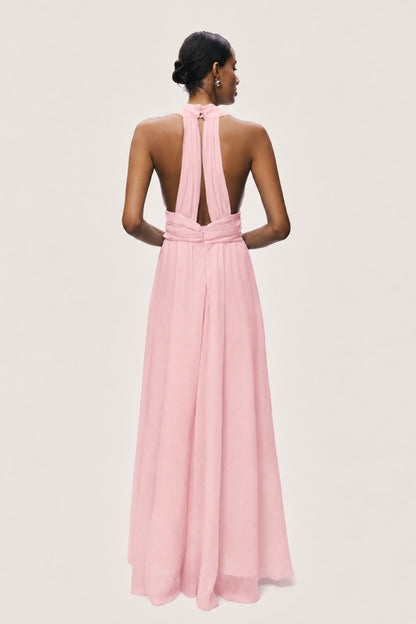 Pleated Halterneck Maxi Dress with Brooch Detail