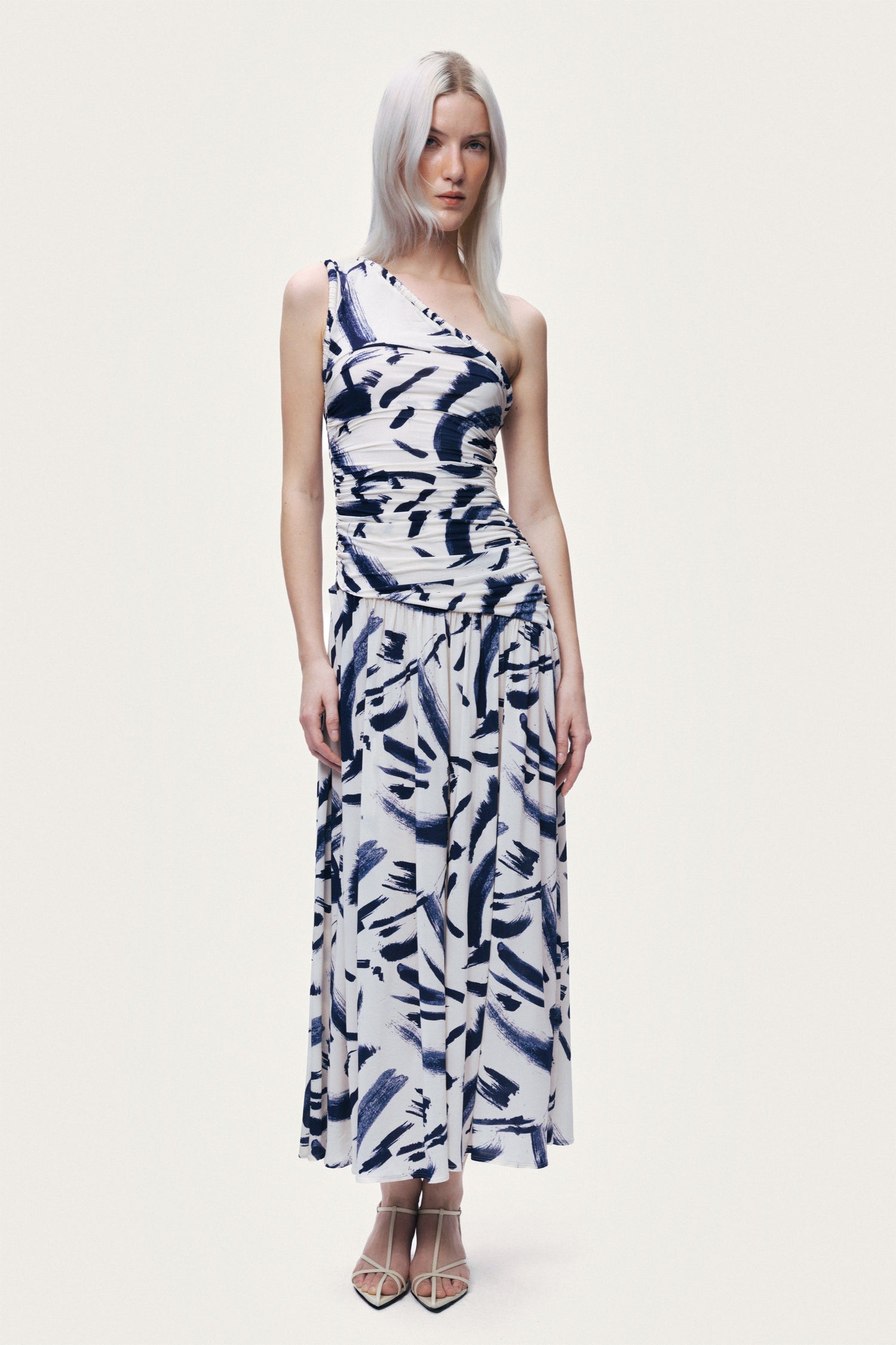 Printed One-Shoulder Draped Midi Dress