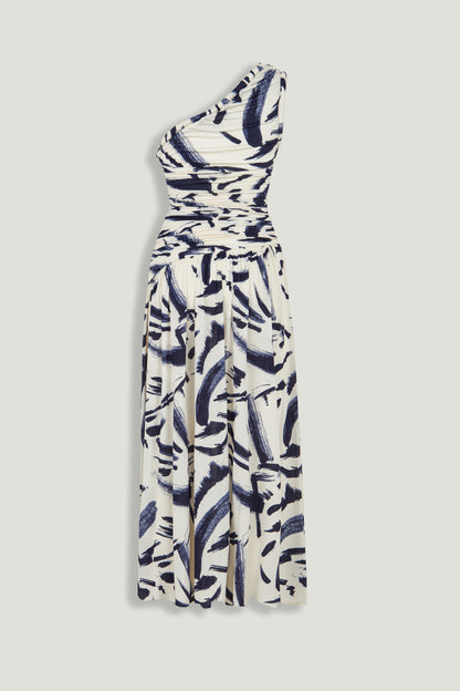 Printed One-Shoulder Draped Midi Dress