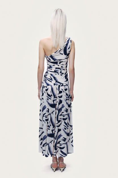 Printed One-Shoulder Draped Midi Dress