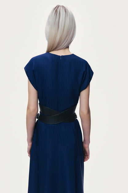 V-Neck Belted Midi Dress