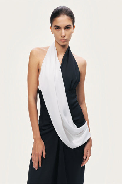Contrast Draped Halter Maxi Dress