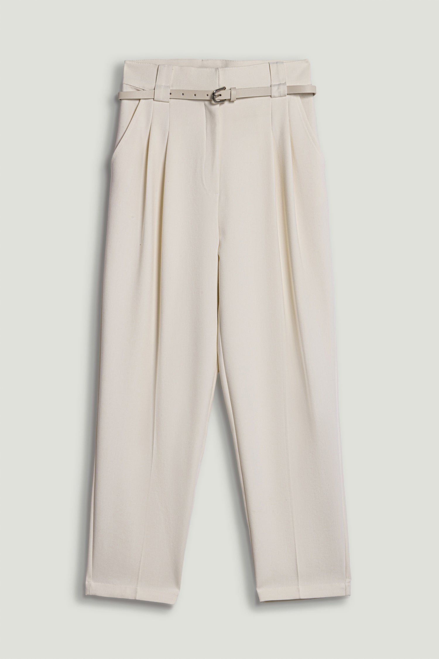 Ecru Belted Pleat Front Tapered Trousers
