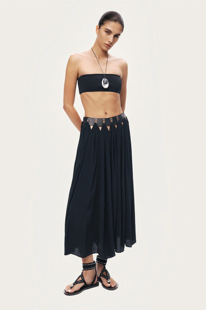 Pleated Ring-Detail Midi Skirt