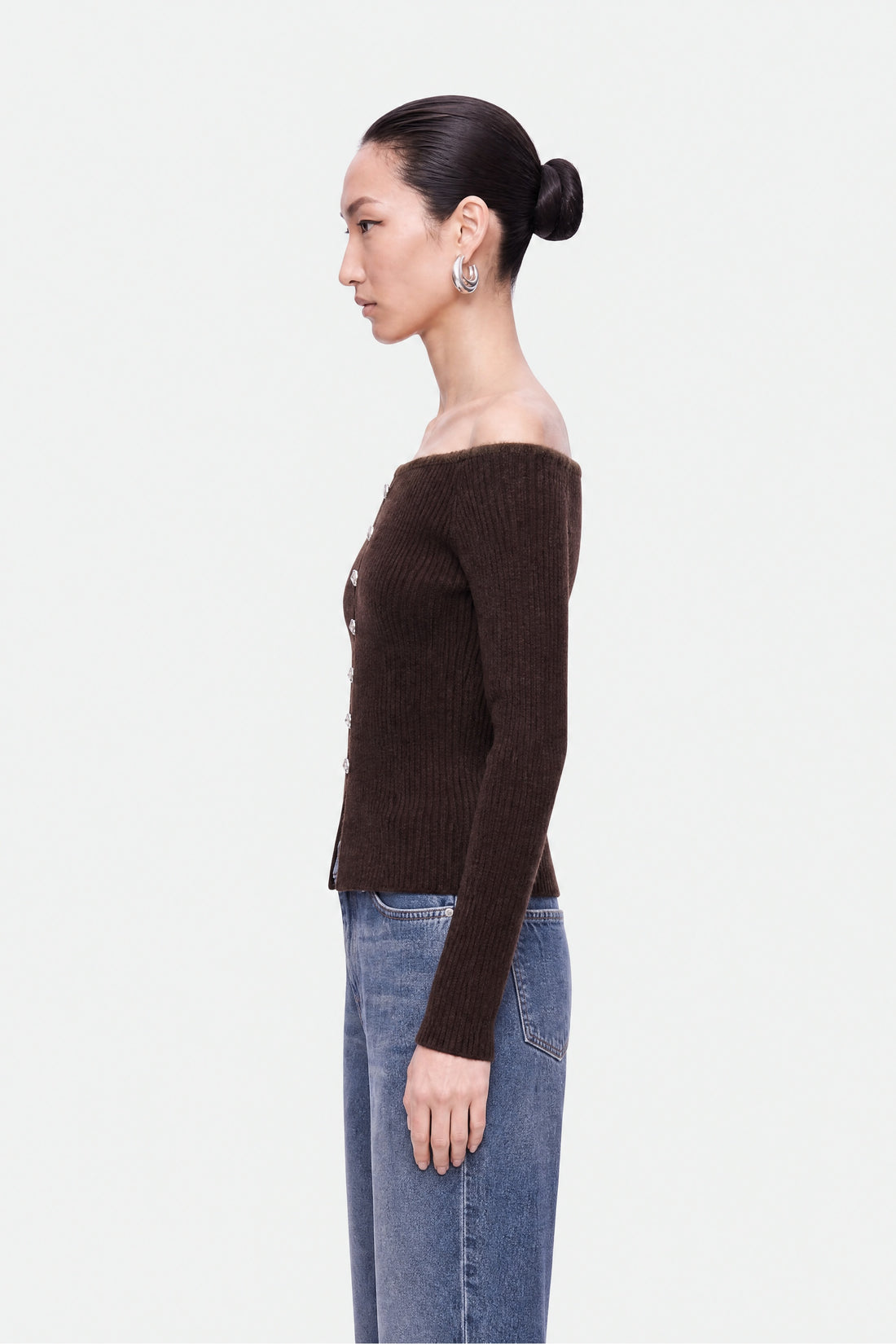 Off-Shoulder Ribbed Knit Cardigan